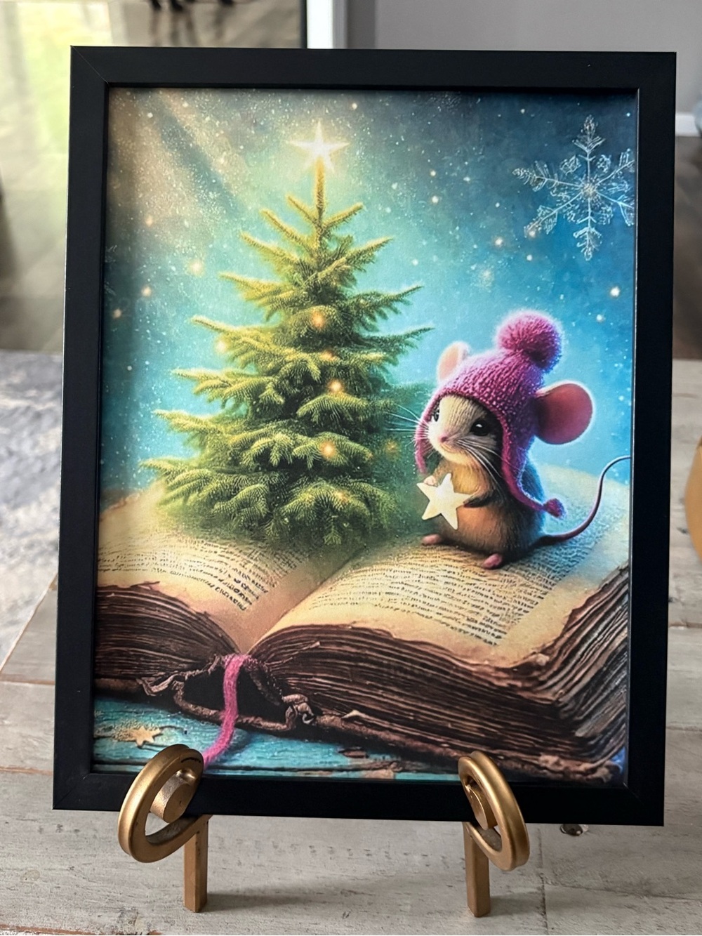 Whimsical Mouse & Christmas Tree Framed 8x10 Art